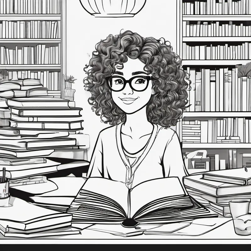 Curly-haired girl with glasses, holding a book sitting at a desk with books around her