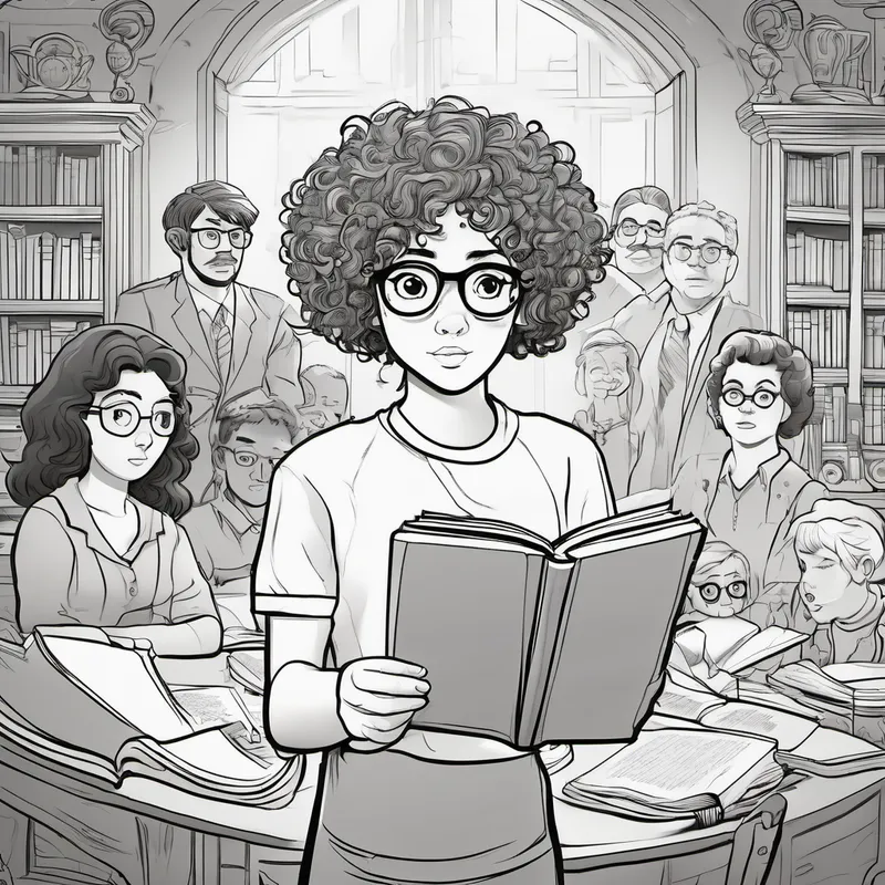 Curly-haired girl with glasses, holding a book with a determined expression, surrounded by confused family members