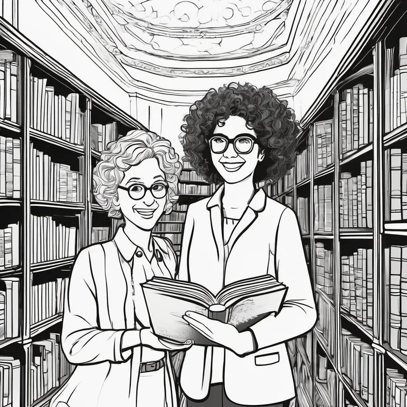 Curly-haired girl with glasses, holding a book and Older woman with a warm smile, wearing glasses smiling inside a beautiful library