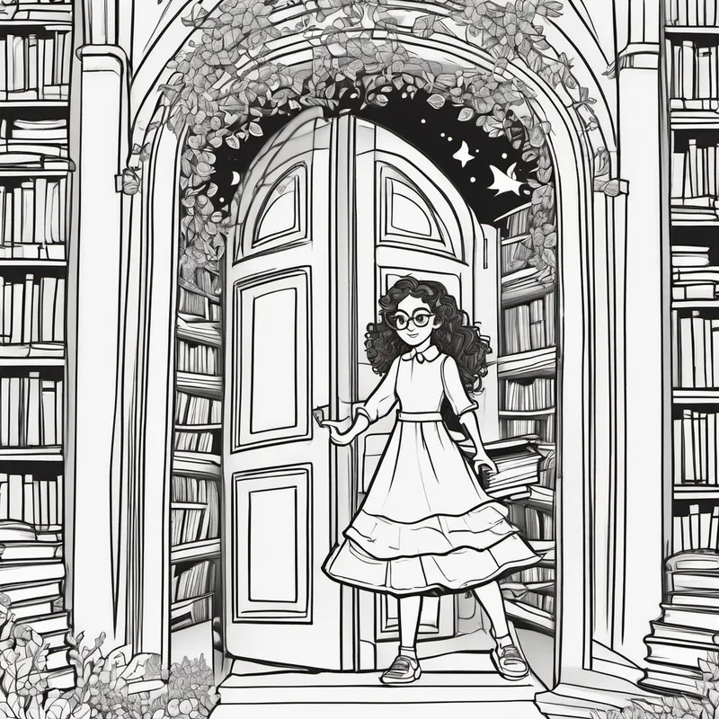 Curly-haired girl with glasses, holding a book entering a magical door into a land of books