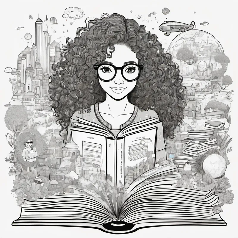 Curly-haired girl with glasses, holding a book reading a book with different worlds and characters surrounding her