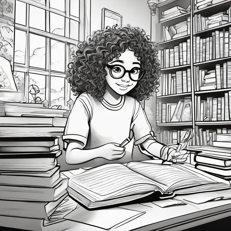 Curly-haired girl with glasses, holding a book writing at a desk, surrounded by readers of all ages