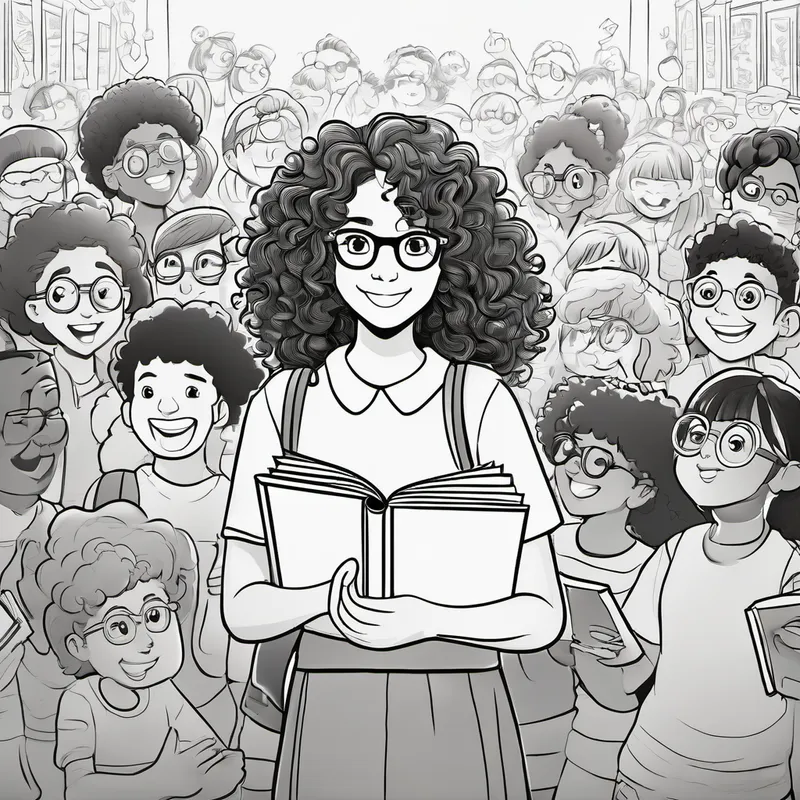 Curly-haired girl with glasses, holding a book holding an award with a crowd cheering for her