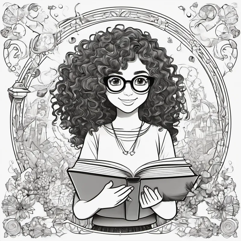 Curly-haired girl with glasses, holding a book holding a book, surrounded by magical elements