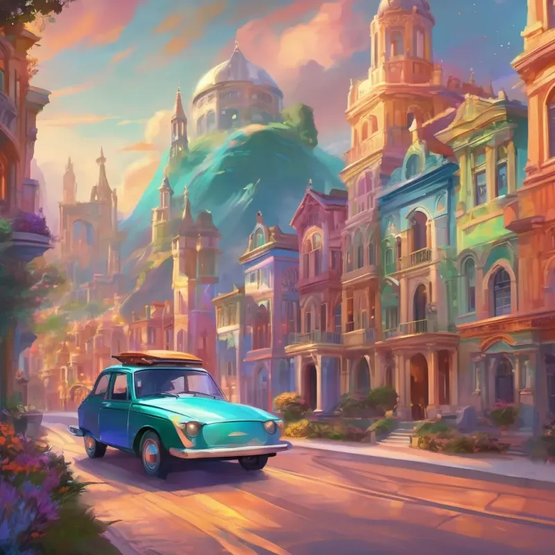 A vibrant town with colorful buildings, showing Young college student with thoughtful eyes, driving in a small car with a notebook on the passenger seat driving a car with a college campus in the background.