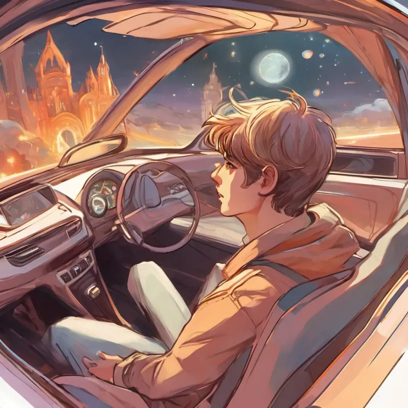 Young college student with thoughtful eyes, driving in a small car with a notebook on the passenger seat in his car, looking surprised, with an agitated driver in the car next to him honking loudly.