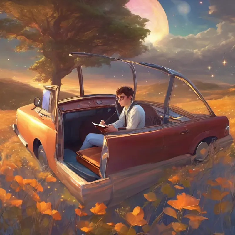 Young college student with thoughtful eyes, driving in a small car with a notebook on the passenger seat sitting thoughtfully in his car, pondering the bewildering encounter.