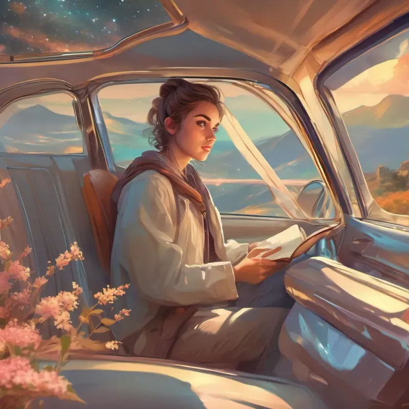 Young college student with thoughtful eyes, driving in a small car with a notebook on the passenger seat driving away with a determined expression, ready to face future challenges.