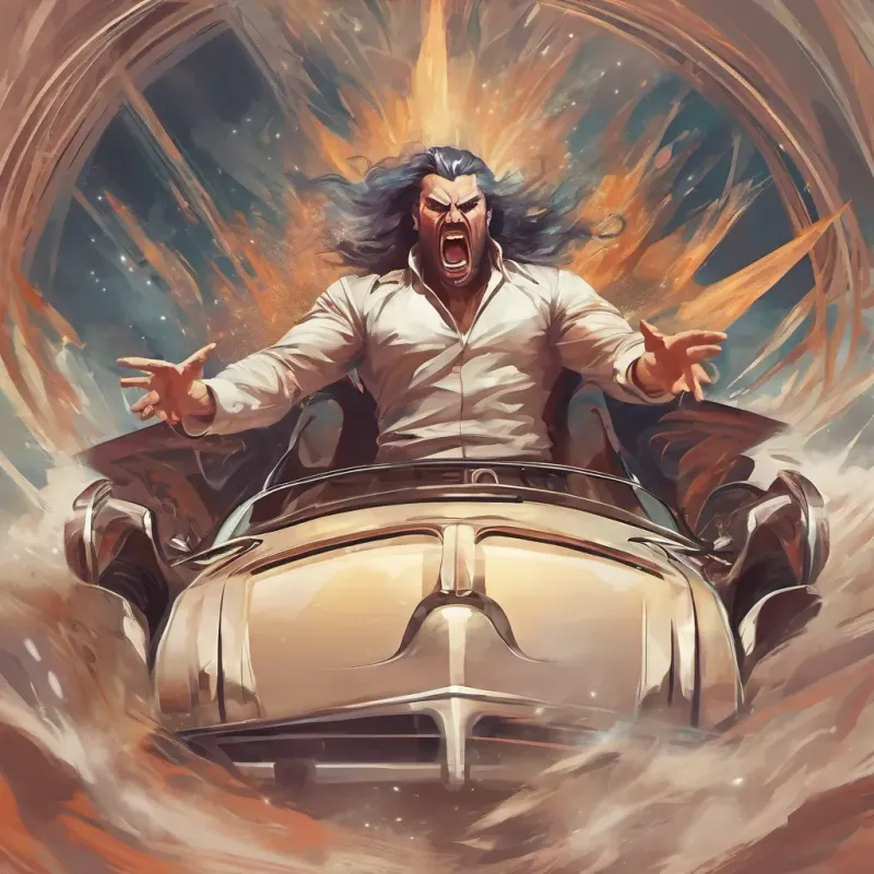 The angry driver with a furious expression and hands gesturing wildly.