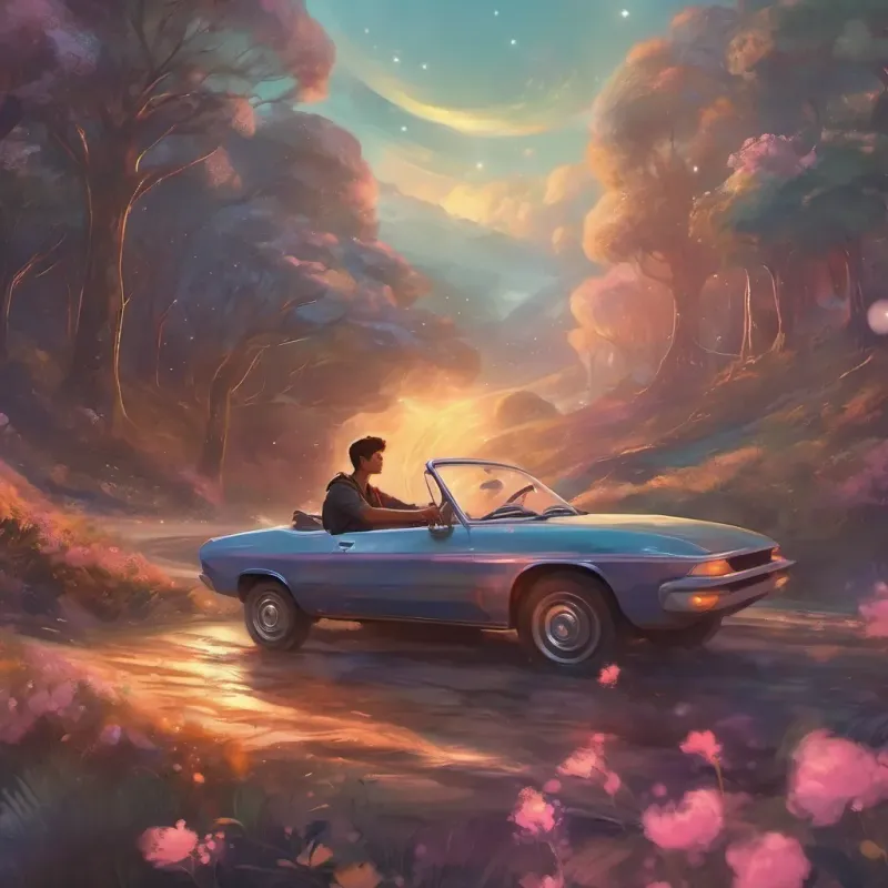 Young college student with thoughtful eyes, driving in a small car with a notebook on the passenger seat speaking softly with a peaceful demeanor, trying to calm the angry driver.