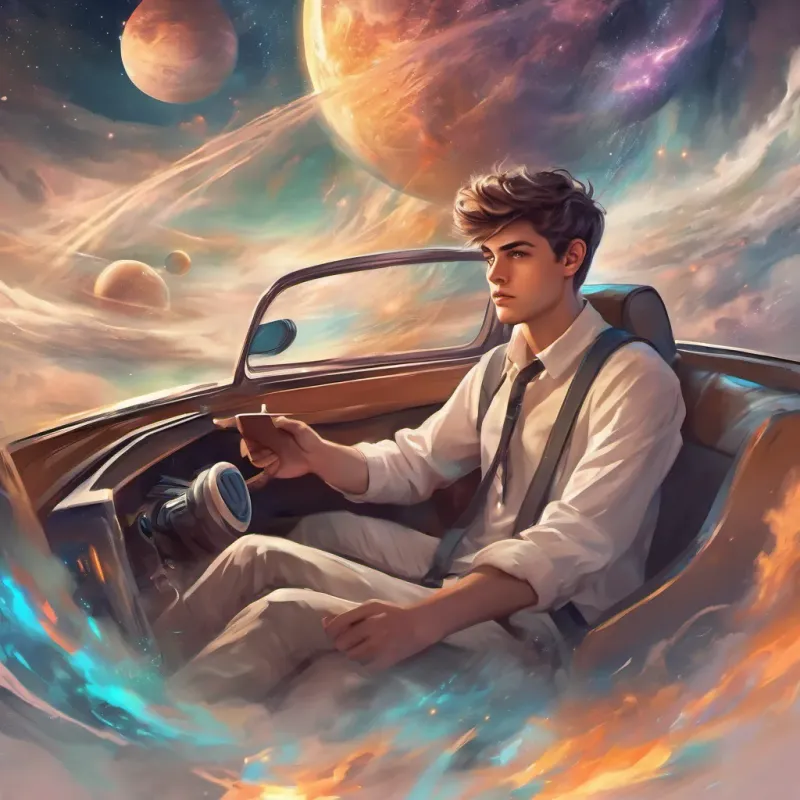 Young college student with thoughtful eyes, driving in a small car with a notebook on the passenger seat looking confused with a whirlwind of thoughts symbolized around his head.