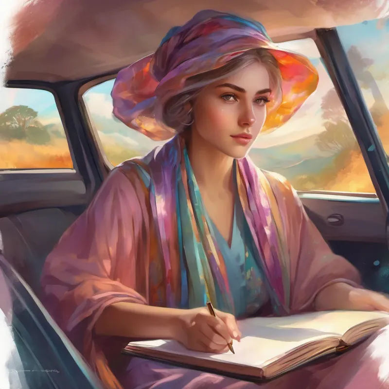 Young college student with thoughtful eyes, driving in a small car with a notebook on the passenger seat having a thoughtful expression, recalling a wise and kind An old lady with soft features, kind eyes, and wearing a colorful shawl, symbolizing wisdom.
