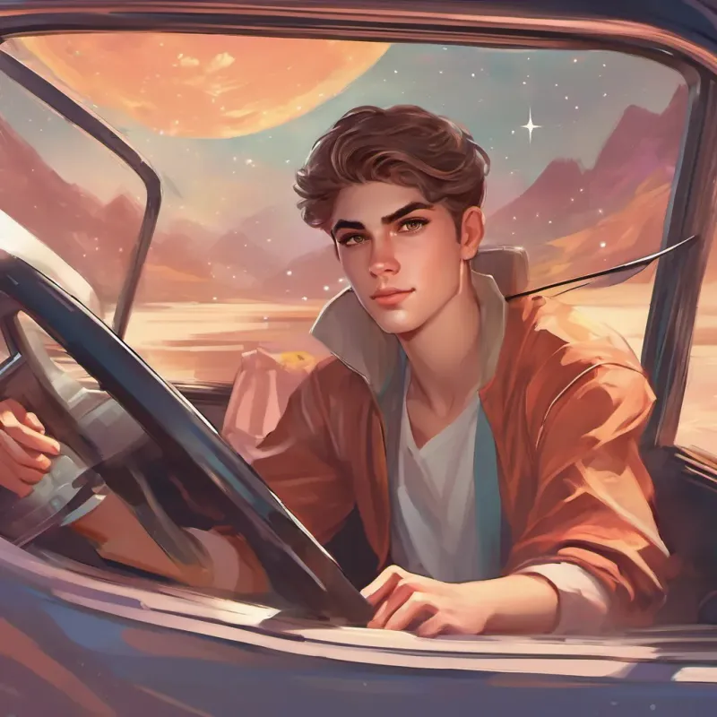 Young college student with thoughtful eyes, driving in a small car with a notebook on the passenger seat smiling warmly, the angry driver's expression slightly softening in response.