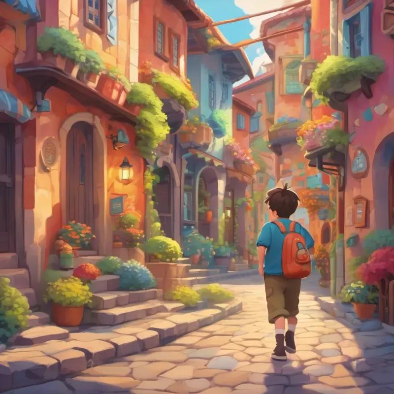 Colorful town with whimsical, zigzagging streets and a young boy with a funky bag