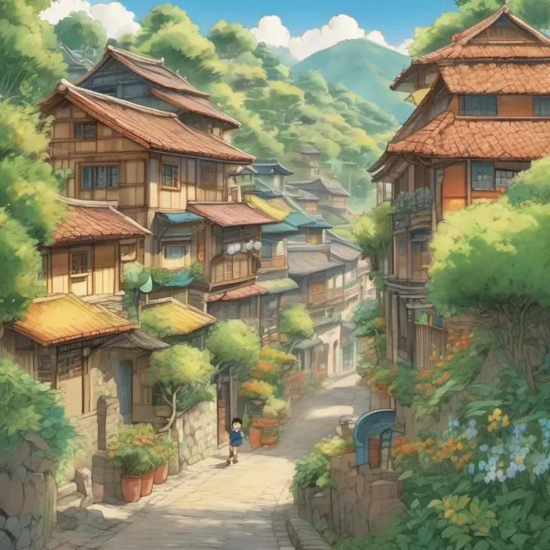 A charming village with tall bamboo trees swaying and a young boy named A playful boy with bright eyes and boundless energy, always curious and eager to learn dashing home from school gleefully.
