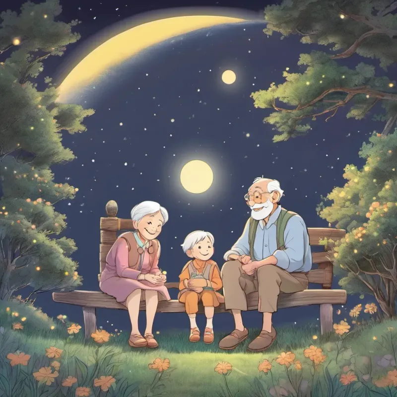 An elderly couple with twinkling eyes and bright smiles, sitting together under the moonlit sky, sharing stories with their grandchild.