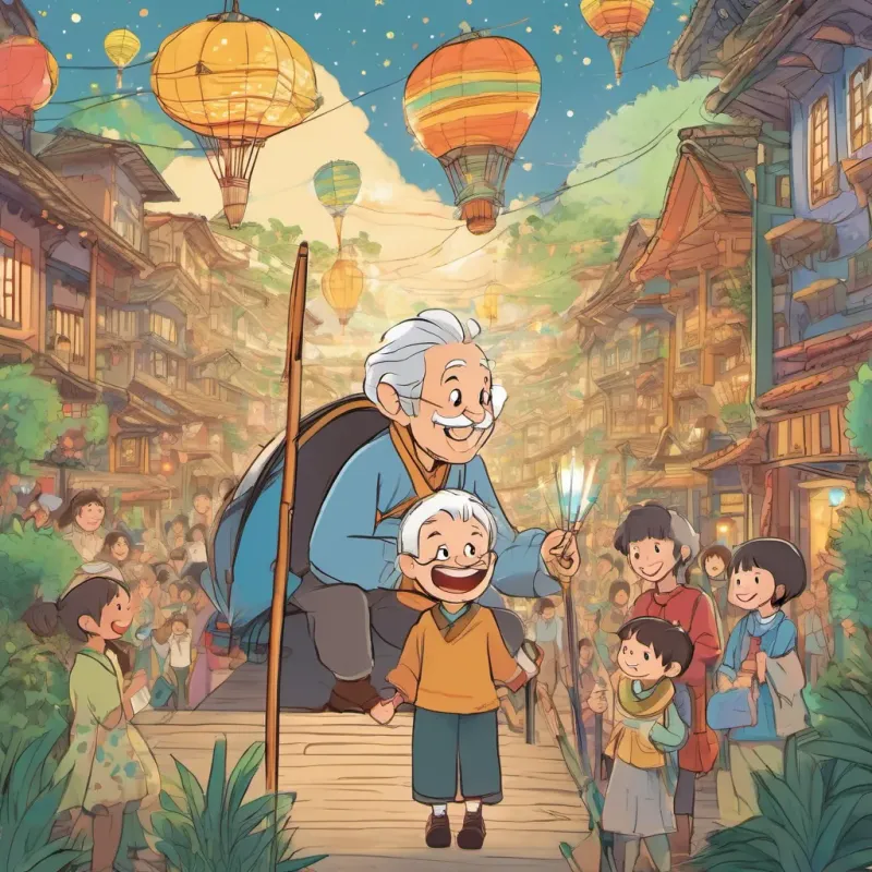 An elderly man with twinkling eyes, a kind smile, and a knack for telling whimsical stories and making bamboo rockets whispering to a grinning A playful boy with bright eyes and boundless energy, always curious and eager to learn while the crowd cheers joyfully, with stars twinkling in the sky.