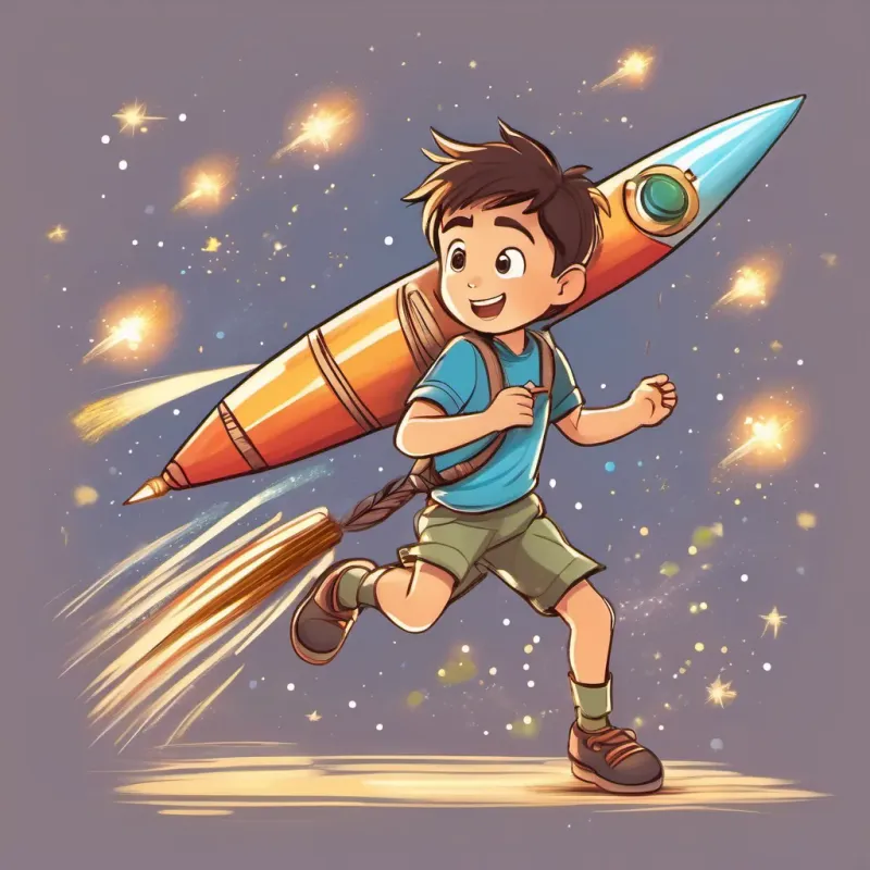 A playful boy with bright eyes and boundless energy, always curious and eager to learn looking determined and excited, holding a new bamboo rocket, with sparkling magic dust in the background.