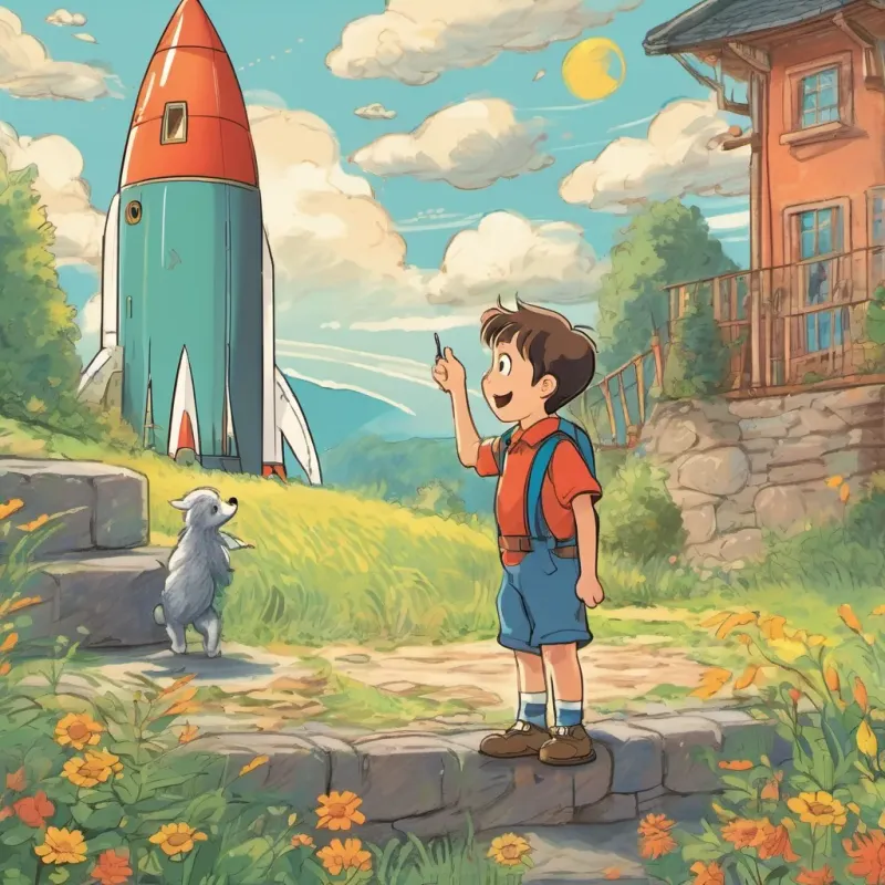A sunny day scene with A playful boy with bright eyes and boundless energy, always curious and eager to learn eagerly asking his grandpa a question about rocket making.