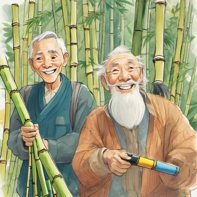 A close-up of An elderly man with twinkling eyes, a kind smile, and a knack for telling whimsical stories and making bamboo rockets chuckling, pointing at a tall bamboo, with A playful boy with bright eyes and boundless energy, always curious and eager to learn looking curious and excited.