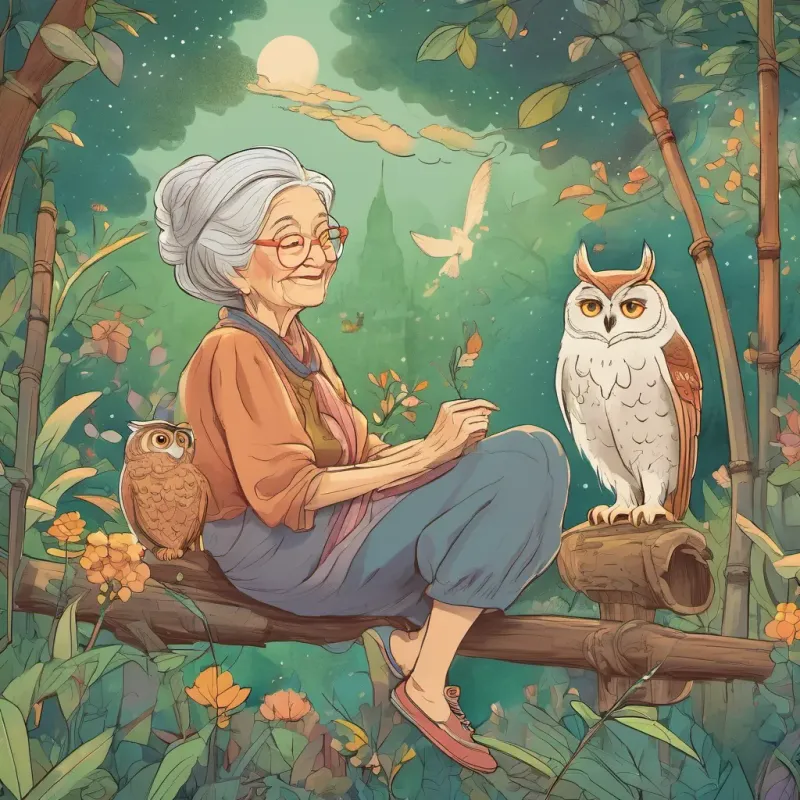 A wise elderly woman with a gentle smile, always supportive and full of magical wisdom nodding with a wise owl sitting nearby, adding a sprinkle of magic dust to a bamboo rocket in the making.