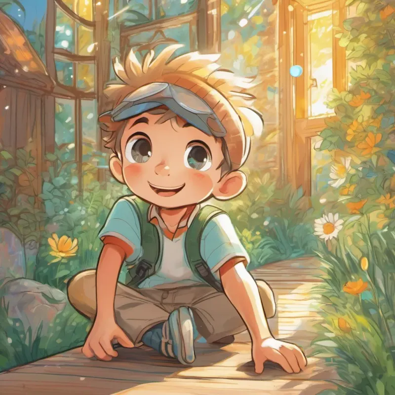A playful boy with bright eyes and boundless energy, always curious and eager to learn's eyes sparkling in excitement, with sunbeams shining around him.