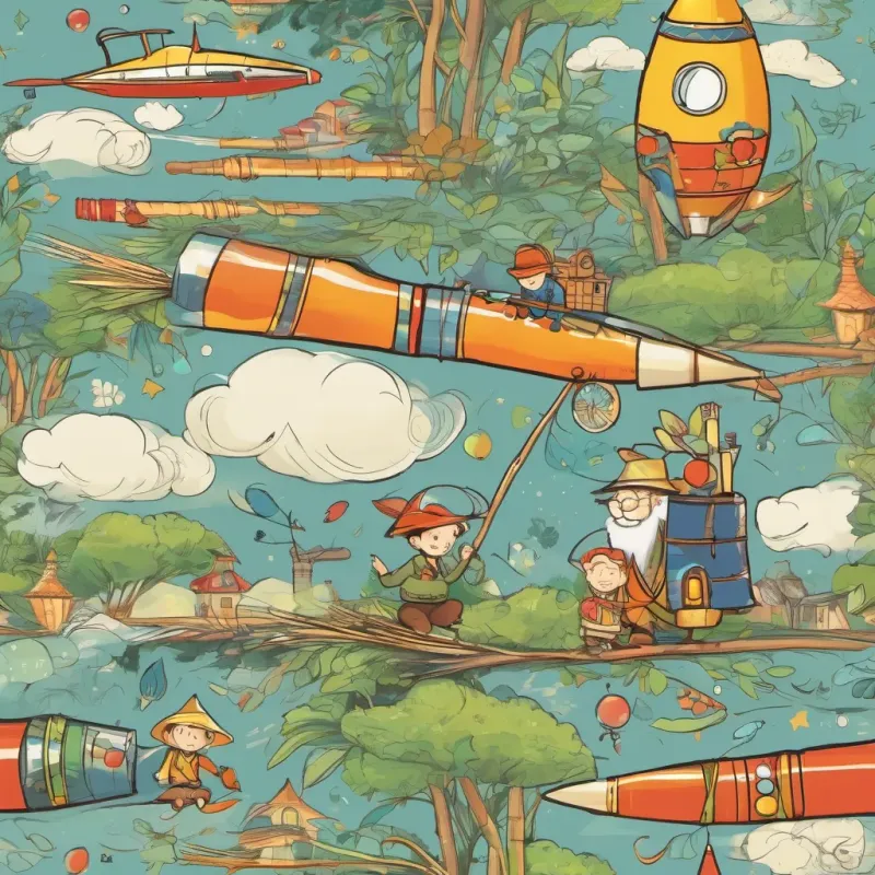 A playful boy with bright eyes and boundless energy, always curious and eager to learn and An elderly man with twinkling eyes, a kind smile, and a knack for telling whimsical stories and making bamboo rockets working together on a bamboo rocket, with onomatopoeic words like 'Bang! Bang!' and 'Whizz! Whizz!' floating around them.