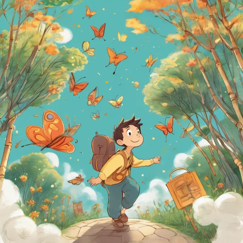 A playful boy with bright eyes and boundless energy, always curious and eager to learn looking up at the sky with wonder, feeling excited butterflies in his tummy, while An elderly man with twinkling eyes, a kind smile, and a knack for telling whimsical stories and making bamboo rockets winks playfully.