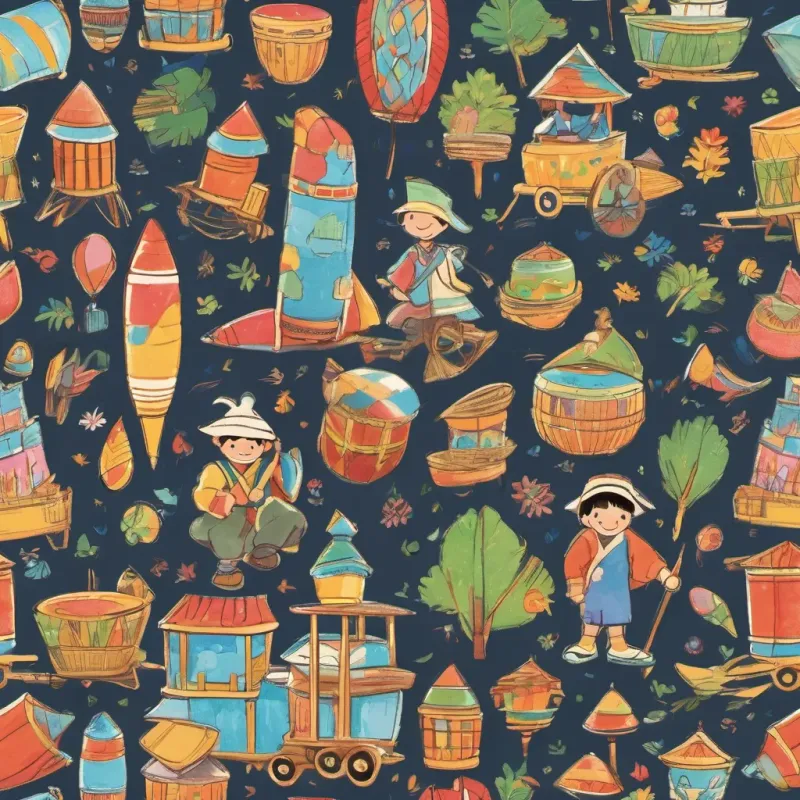 A lively village festival with drumbeats, laughter, and A playful boy with bright eyes and boundless energy, always curious and eager to learn carrying a bamboo rocket with pride and joy.