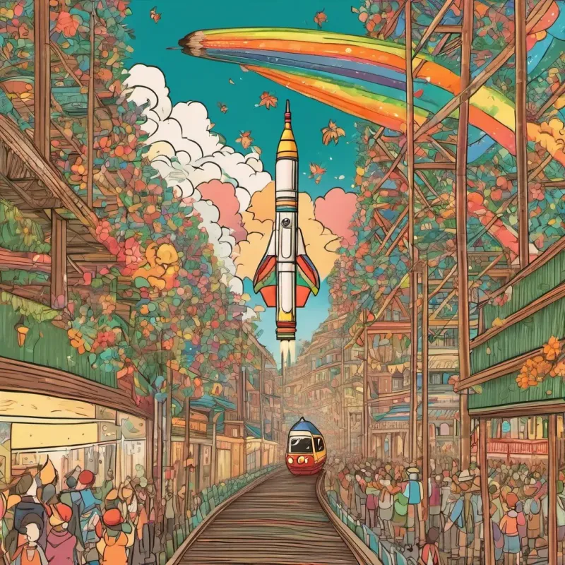 The bamboo rocket zipping into the sky, with a magical trail behind it, high above the cheering crowd.