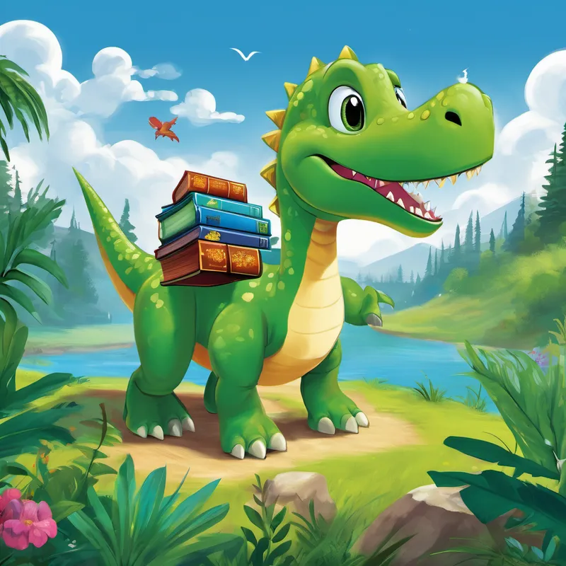 Once upon a time, in a land filled with lush green forests and sparkling blue lakes, there was a friendly dinosaur named Dizzy (friendly dinosaur, green with a playful smile) Dizzy was a curious and intelligent dinosaur who loved to explore the world around him One sunny afternoon, while Dizzy was taking a walk, he stumbled upon a magical book filled with numbers and math problems