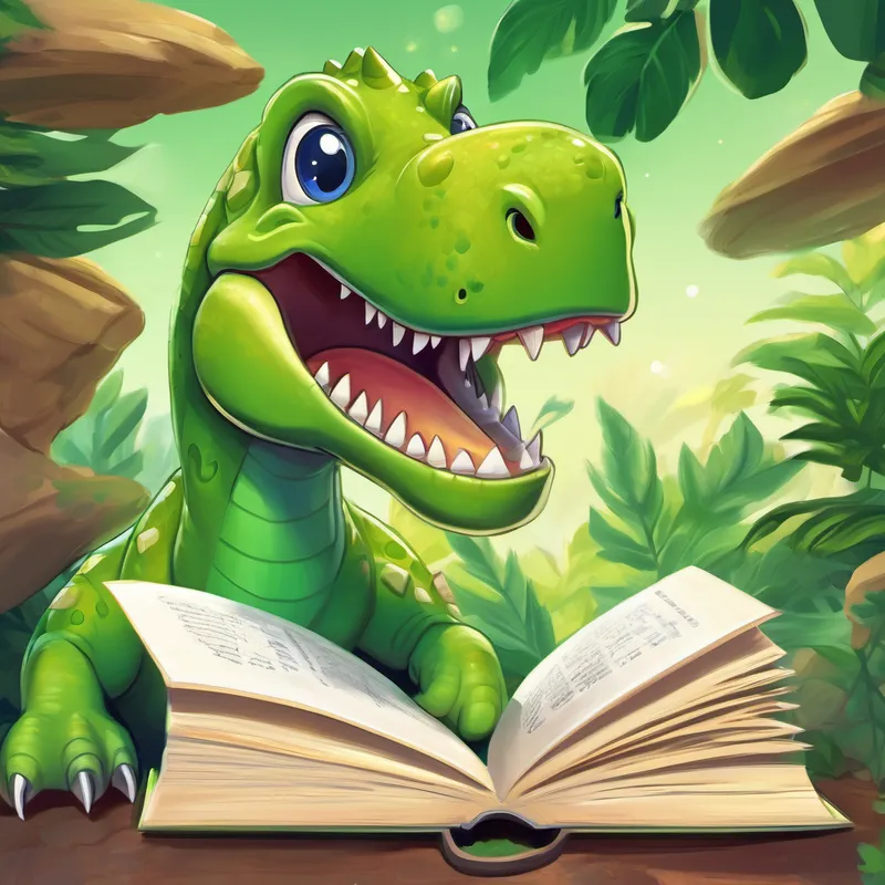 Intrigued, Dizzy (friendly dinosaur, green with a playful smile) opened the book and saw an interesting problem It said, "Dizzy, let's learn how to divide! Can you figure out how many groups of 3 can we make from 7?"