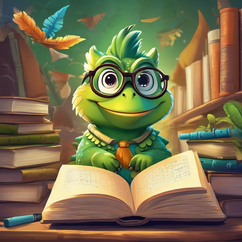 As he closed the book, Dizzy (friendly dinosaur, green with a playful smile) realized that math could be exciting and fun From that day forward, Dizzy and Dexter (wise old owl, brown feathers and spectacles) went on many adventures to explore more math problems together