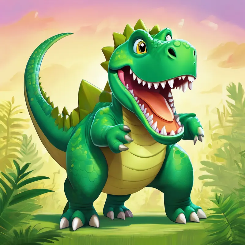 Dizzy (friendly dinosaur, green with a playful smile) was determined to solve this problem He knew dividing meant sharing or splitting things into equal parts But dividing numbers was still a new concept for him