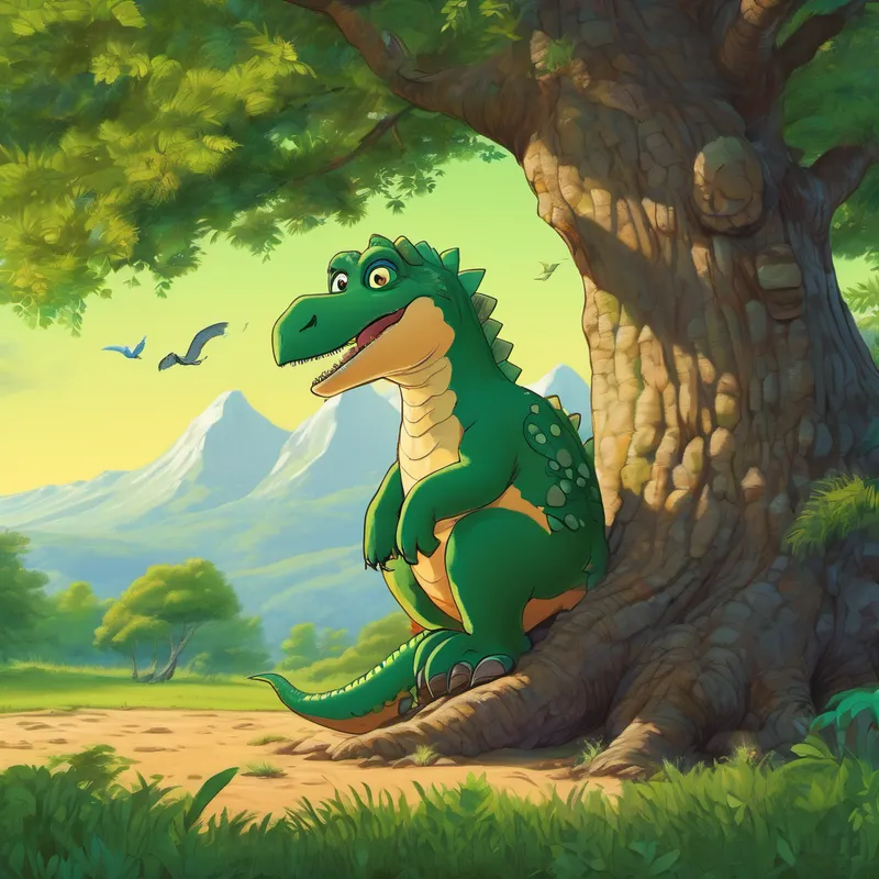 As he sat under a tall oak tree, Dizzy (friendly dinosaur, green with a playful smile) thought about how he could solve the problem Suddenly, he remembered that his friend Dexter (wise old owl, brown feathers and spectacles), the wise old owl, lived nearby Dexter was known for his exceptional knowledge and always had a solution to every problem