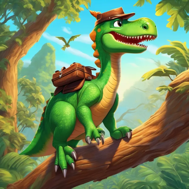 With excitement, Dizzy (friendly dinosaur, green with a playful smile) hurried to Dexter (wise old owl, brown feathers and spectacles)'s tree hole Once he reached there, he found Dexter gracefully perched on a branch