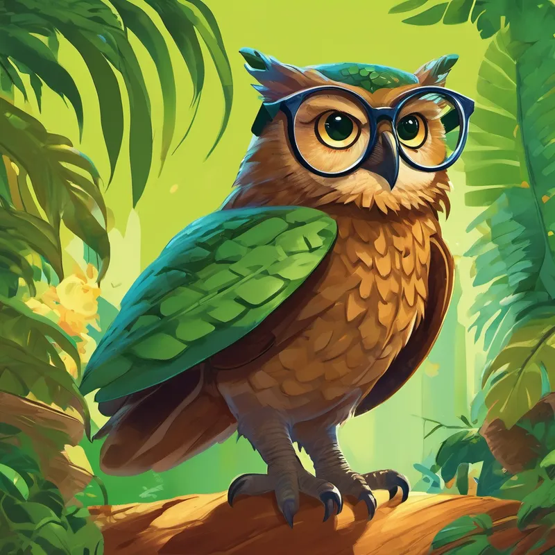 Dexter (wise old owl, brown feathers and spectacles) smiled kindly at Dizzy (friendly dinosaur, green with a playful smile)'s enthusiasm and began to explain, "Ah, dividing is quite interesting, Dizzy! Let me show you a fun way to understand it Imagine you have 7 yummy apples If you want to share them equally with your 3 dinosaur friends, what can you do?"