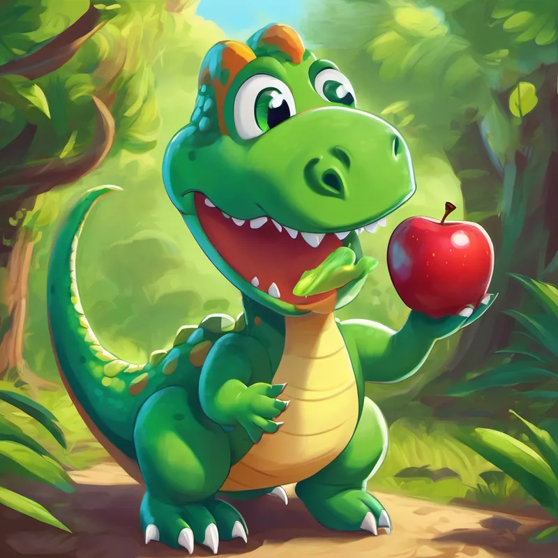 Dizzy (friendly dinosaur, green with a playful smile) thought for a moment and replied, "Oh, I know! I can give each friend two apples, but I'll still have one apple left"