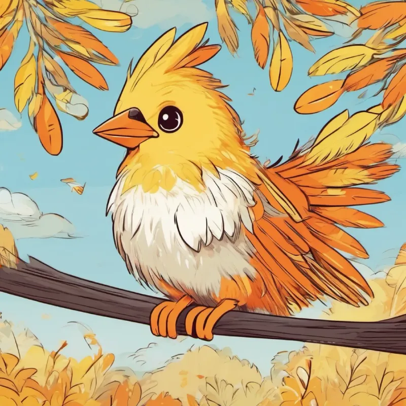 Yellow feathers, orange beak and feet, friendly dark eyes tries the see-saw.