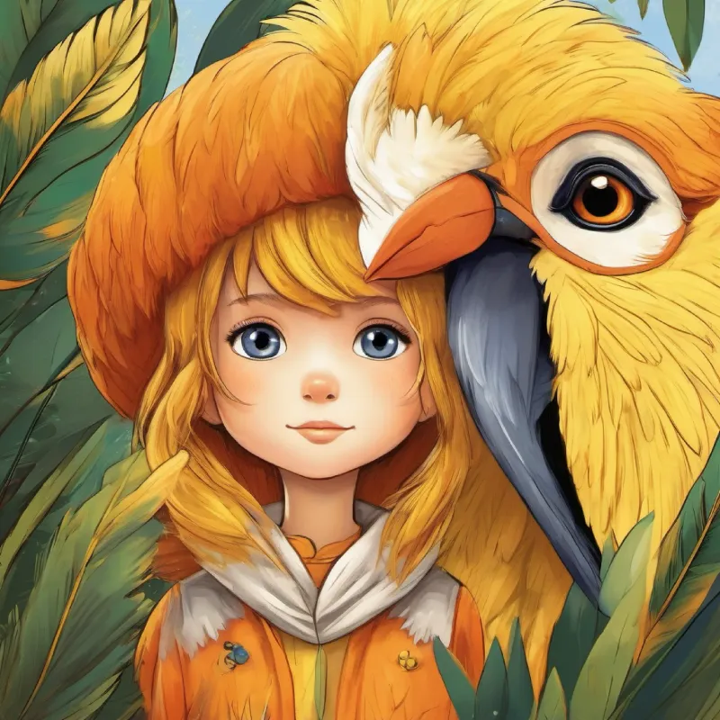 Yellow feathers, orange beak and feet, friendly dark eyes meets the children after her adventures.