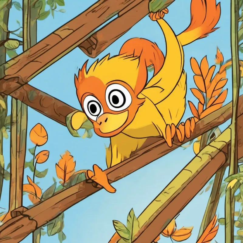 Yellow feathers, orange beak and feet, friendly dark eyes climbs the monkey bars.