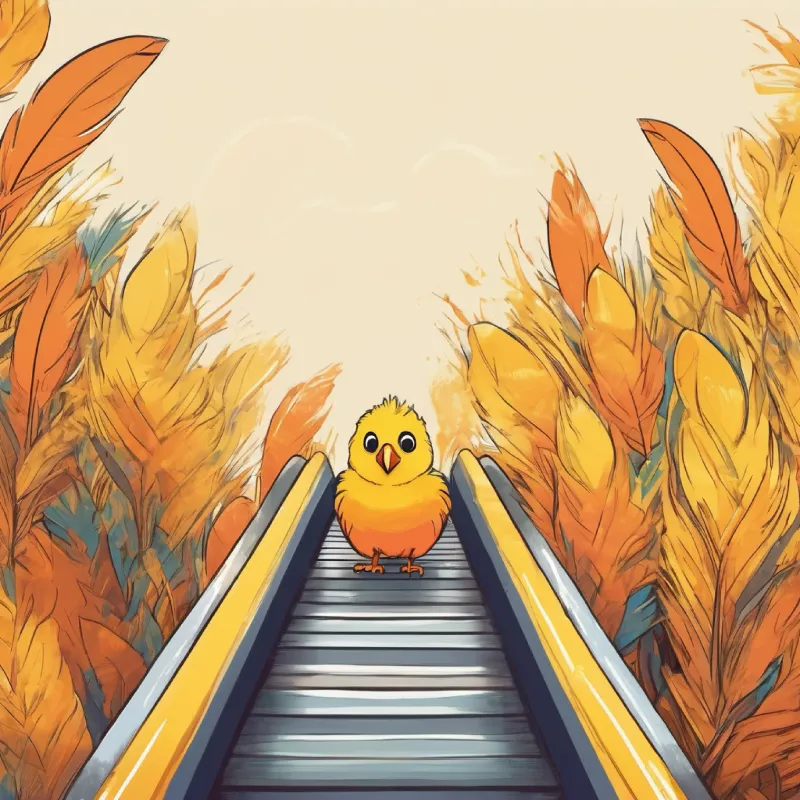 Yellow feathers, orange beak and feet, friendly dark eyes considers going down the slide.