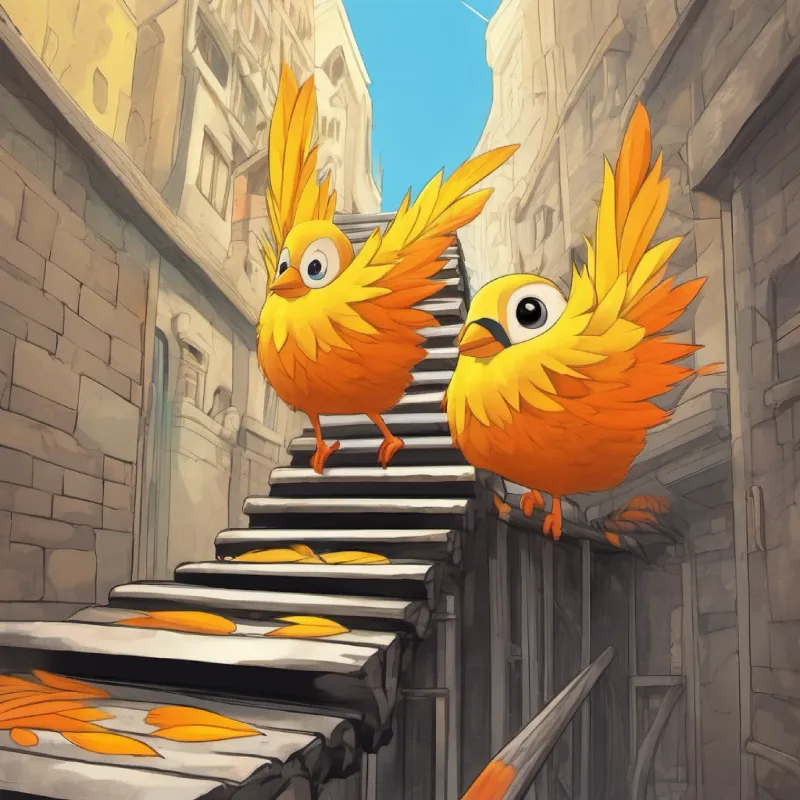 Yellow feathers, orange beak and feet, friendly dark eyes ascends the slide's ladder.
