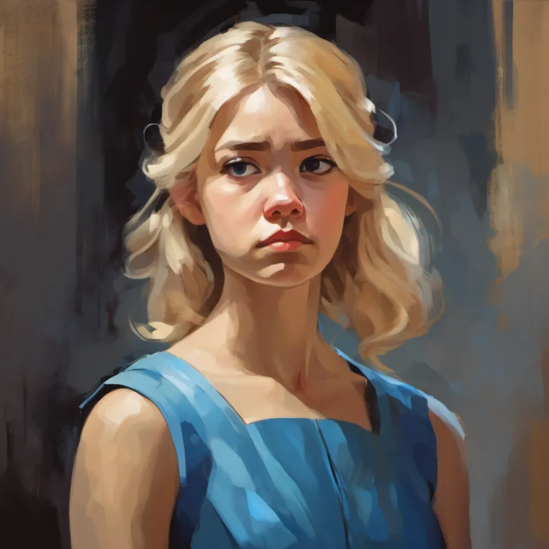 Kind, mistreated girl with blonde hair and blue dress sad and mistreated, stepmother mean and angry