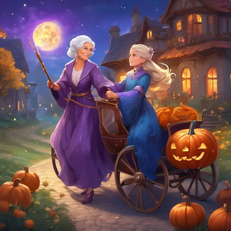 Magical old woman with sparkly wand and purple robe helps Kind, mistreated girl with blonde hair and blue dress with magic, pumpkin turns into carriage