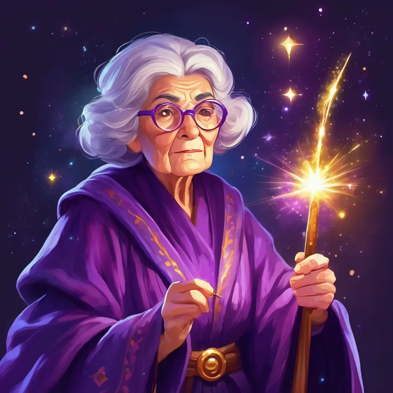 Magical old woman with sparkly wand and purple robe warns spell will end at midnight