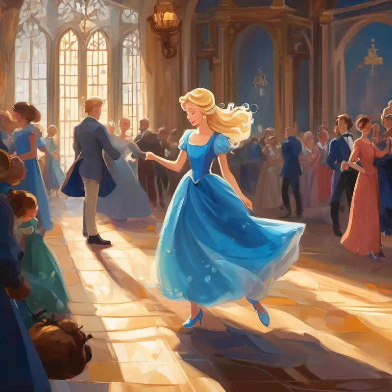 Kind, mistreated girl with blonde hair and blue dress dances with prince, leaves glass slipper behind