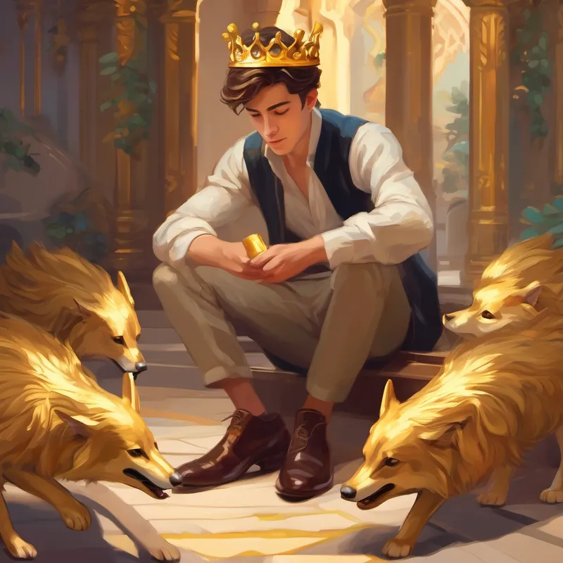 Handsome young man with brown hair and golden crown searches, tries slipper on all maidens