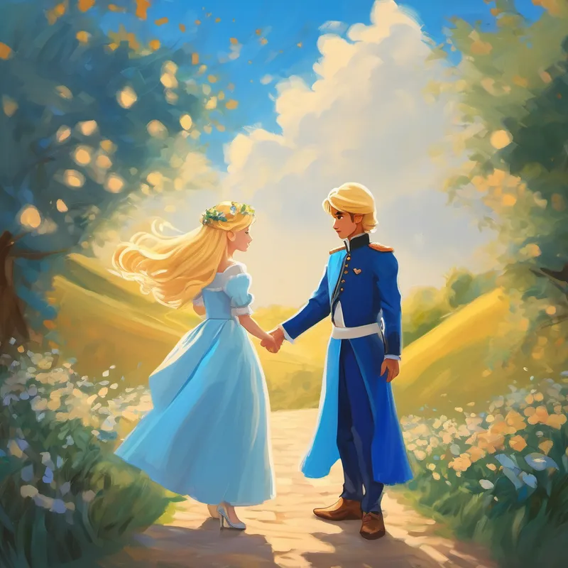 Kind, mistreated girl with blonde hair and blue dress and prince get married, happy ending
