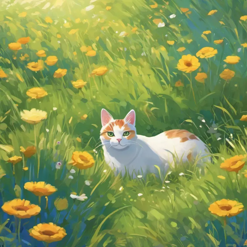 A sunny meadow with a clever, smiling cat named A clever cat with bright eyes and a playful demeanor, often seen in a sunny meadow under a clear, blue sky.